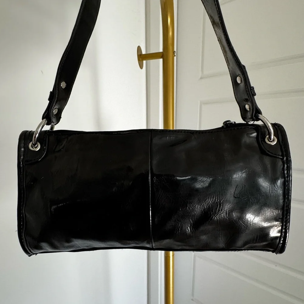 Y2K Vintage Vegan Patent Leather Versatile‎ Slim Bag Black Pouchette Cyber 90s - Picture 8 of 13